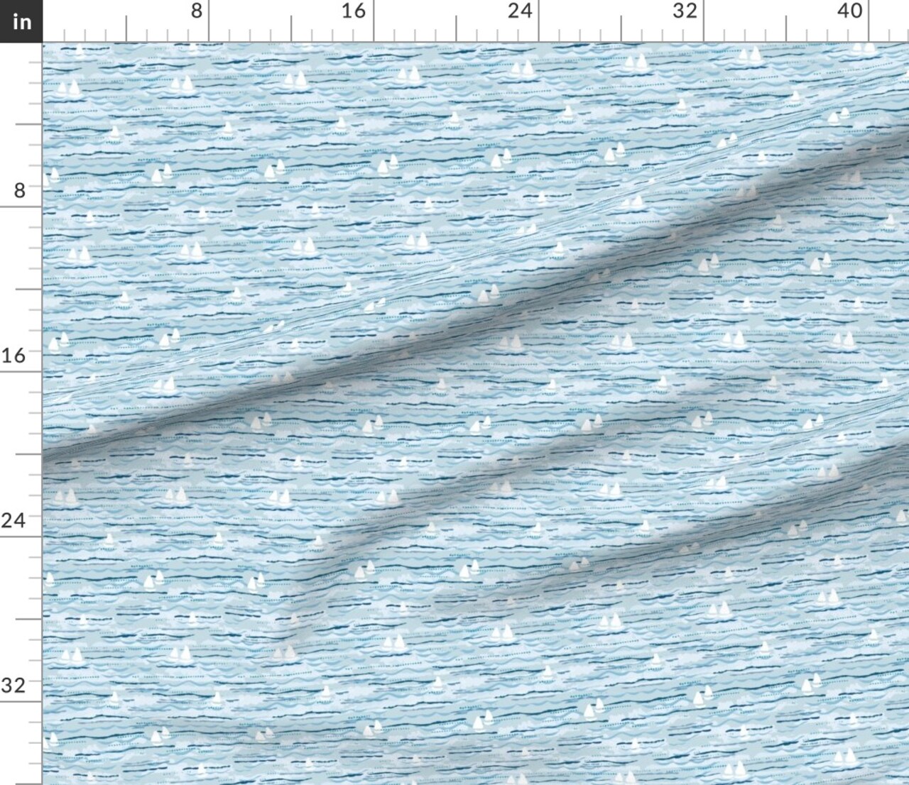 White Blue Boat Sailboat Costal Chic Beach Boho Dark Brush Strokes Painted Waves Hand Small Scale Custom Printed Fabric by Spoonflower Various Fabrics by the Yard or Fat Quarter